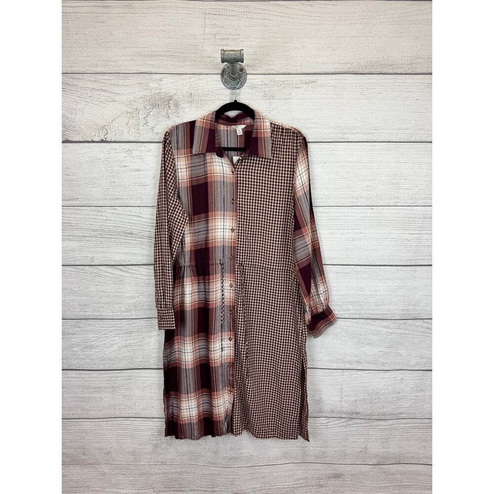 Cato Women's Burgundy & Mauve Plaid Button Up Long Sleeve Dress Size Medium